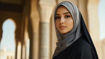 Young Woman Wearing Grey Hijab Near Ancient Architecture photo
