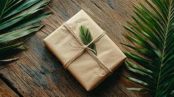 Rustic Gift Wrapped In Brown Paper With Palm Leaf photo