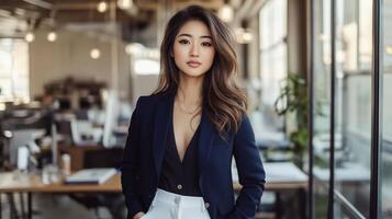 Confident Asian businesswoman in modern office setting photo