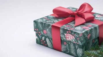 A Christmas gift box with a red ribbon photo