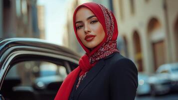 Elegant Woman In Red Hijab Near Classic Car photo