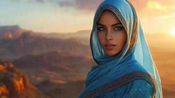 Woman in Blue Headscarf Desert Sunset photo