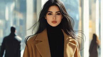 Elegant Woman in Camel Coat Posing Outdoors photo