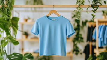 Light Blue Cotton TShirt Hanging On Wooden Hanger photo