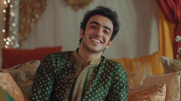 Happy Man in Green Embroidered Kurta Smiling photo