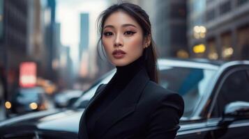 Stylish Woman in Black Blazer Posing Urban Setting photo