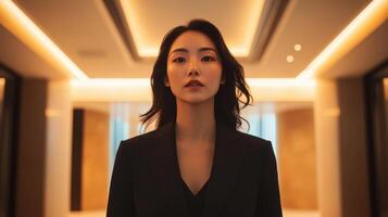 Woman in Black Blazer Standing in Modern Hallway photo