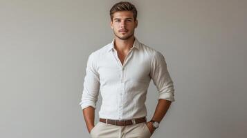 Handsome Man Wearing a Crisp White Shirt and Khaki Pants photo