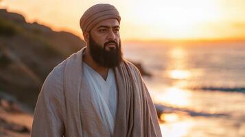 Man in Traditional Clothing Contemplates at Sunset by the Sea photo