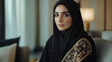 Elegant Woman Wearing Black Abaya and Hijab photo