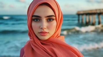 Young Woman Wearing Coral Hijab by the Ocean photo