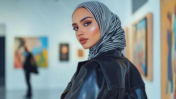 Woman in hijab at art gallery looking back photo