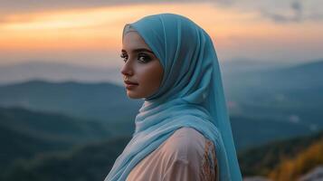 Woman in Hijab Gazing at Sunset Mountain View photo