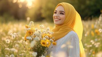 Woman in Yellow Hijab Smiles Holding Flowers photo