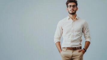Young Man Posing in Cream Shirt and Khaki Trousers photo