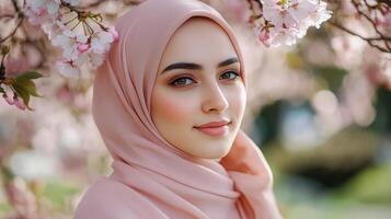 Woman wearing hijab amidst blooming cherry blossoms photo