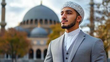 Young Man In Suit And Taqiyah Near Mosque photo