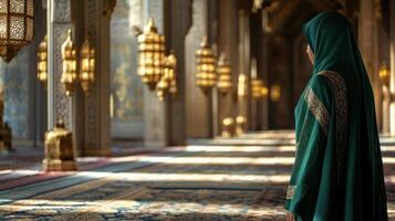 Woman in Green Abaya Praying in Mosque photo
