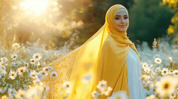 Woman In Yellow Hijab Stands In Daisy Field photo