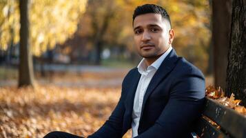 Young Man Sitting On Park Bench Autumn Leaves photo