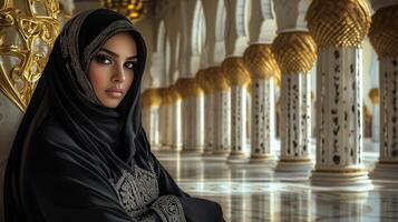 Elegant Woman in Black Hijab Poses in Mosque photo