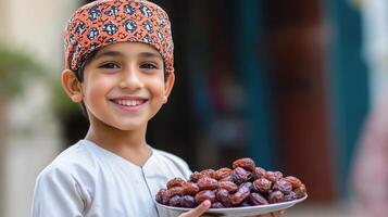 Happy Young Boy Holding Dates In A Bowl photo