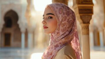 A woman wearing a pink hijab in an arabic setting photo