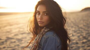 Beautiful Woman Posing at Sunset on Sandy Beach photo