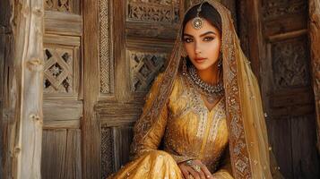 Golden Attire Bride Poses Against Ancient Wooden Door photo