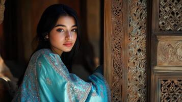 Woman in Teal Embroidered Shawl Near Intricate Carving photo
