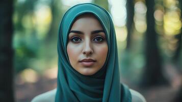 Young Woman Wearing Teal Hijab in Forest photo