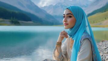 Woman In Hijab By Mountain Lake photo
