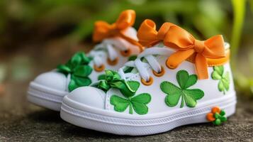 Adorable Shamrock Decorated Baby Shoes With Bows photo