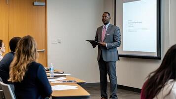 Man in suit giving a presentation to a small audience photo