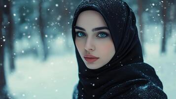 Woman In Black Hijab Winter Snow Forest photo