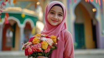 Young Girl In Pink Hijab Holding Colorful Flowers photo