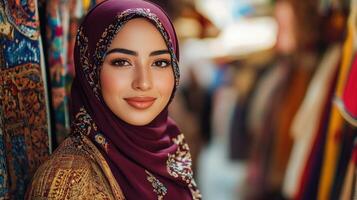 Young Woman Wearing a Maroon Hijab with Floral Pattern photo