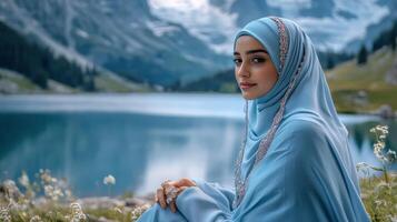 Woman In Blue Hijab By Serene Mountain Lake photo