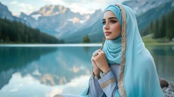 Woman In Blue Hijab Contemplates Mountain Lake Scenery photo