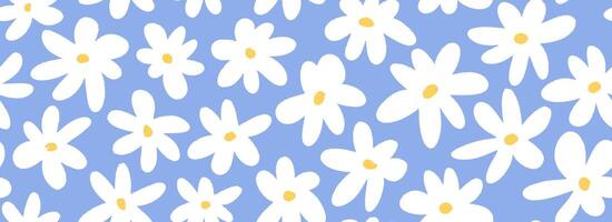 Hand drawn white flower seamless pattern. Floral repeating wallpaper for textile design, fabric, print, wrapping paper. Cute daisy flowers on blue background. Repeated ditsy texture vector