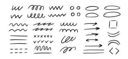 Black brush stroke element set. Scribbled stripes, lines and arrows collection. Hand drawn pen or pencil curly brushstrokes. Grunge charcoal swirls, waves, spirals and ellipses for emphasis. vector