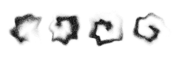 Dotted smoky shapes. Grainy fluid spots and stains. Black stippled flowing dust set. Noise splashes and splatters forms. Dissolve sand particles texture. Fading halfton gradient elements vector