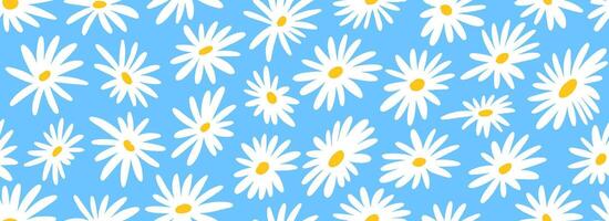 Hand drawn chamomile seamless pattern. Floral repeating wallpaper for textile design, fabric, print, wrapping paper. Cute daisy flowers on blue background. Repeated ditsy texture vector