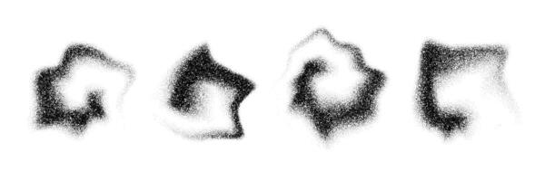 Dotted gradient smoky shapes. Grainy fluid spots and stains. Black stippled flowing dust set. Noise splashes and splatters forms. Dissolve sand particles texture. Fading halfton elements vector
