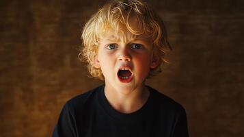 Young Boy With Blond Hair Expressing Anger photo