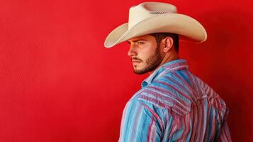 A man in a cowboy hat against a red background photo