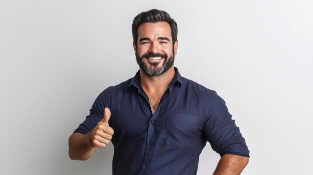 Happy man giving thumbs up gesture smiling broadly photo