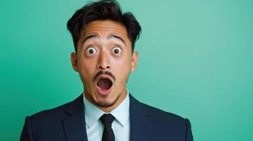 Shocked businessman expressing surprise with wide open mouth photo