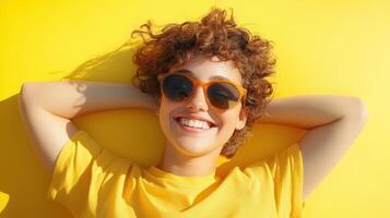 Happy woman relaxing in yellow shirt and sunglasses photo