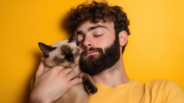 Man and Cat Sleeping Peacefully Together photo